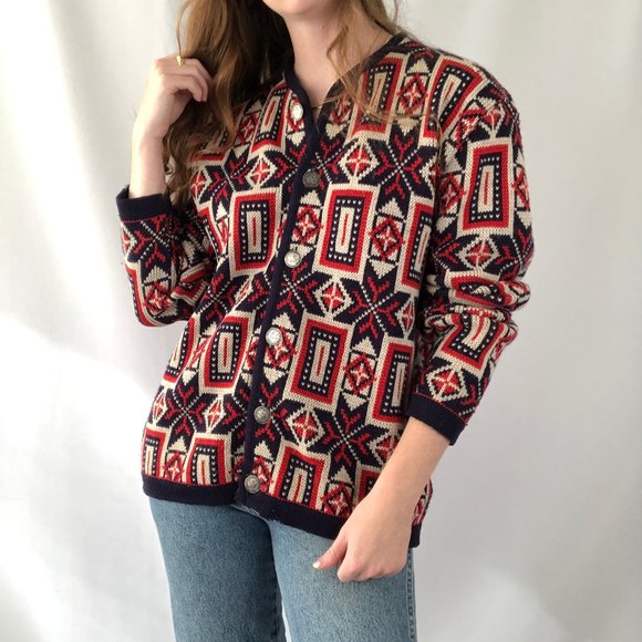 Vintage Norvyk Fair Isle Nordic Knit 100% Pure Wool Oversized Cardigan Sweater - Picture 7 of 15